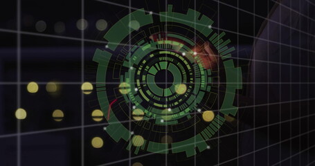 Poster - Projecting circular holographic interface over 3D grid in control room, with floating yellow flares