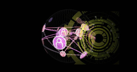 Poster - Showing 3D dotted sphere mesh in virtual network interface, connecting pink nodes and yellow rings
