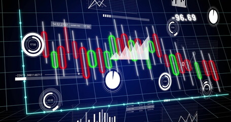 Poster - Displaying financial dashboard on screen, showing red and green candlestick bars with line chart