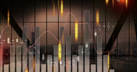 Poster - Projecting market data over high-rise window at dusk, with glowing candlesticks and line graph