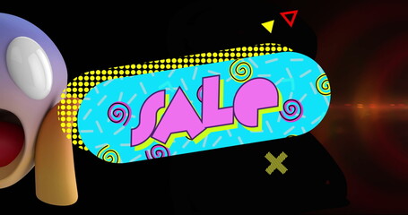 Poster - Displaying cyan oval banner reading SALE on dark backdrop with yellow halftone dots, 3D shapes
