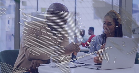 Poster - Man in sweater and woman in blouse reviewing printed documents in office, with digital map overlay