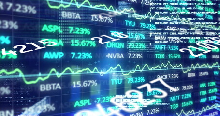 Poster - Displaying digital financial data on virtual grid screen, with moving line charts and stock tickers