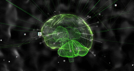 Poster - Floating green wireframe brain glowing in digital data field, with square nodes and connector lines