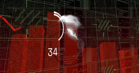 Poster - Displaying 3D globe updating data on virtual dashboard, with wireframe maps and numeric readouts
