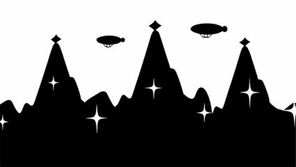 Aufkleber - Silhouette of mountains with diamond peaks and flying saucers in a black and white landscape scene