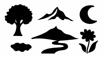 Poster - Silhouette of tree, mountains, river, cloud, moon, and flower in a nature inspired black and white scene