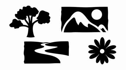 Poster - Illustration of a tree, mountains with sun, river, and flower in black and white simple graphic style design