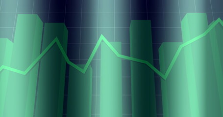 Poster - Showing translucent cylindrical bars over dark teal grid lines, with glowing green line chart