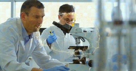 Aufkleber - Scientists in lab coats examining slide under microscope at lab bench, with pipette data overlay