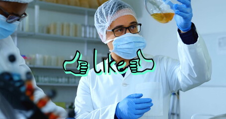 Aufkleber - Holding flask containing amber solution male scientist wearing lab coat in lab with like graphic