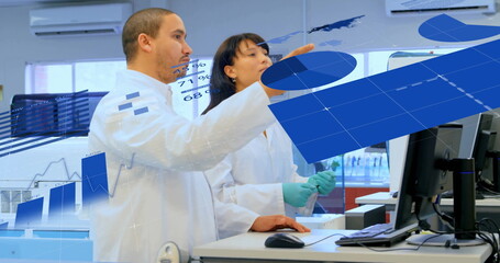 Poster - Analyzing digital charts two researchers wearing lab coats at lab bench, with computer and pipette