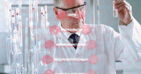 Poster - Inspecting test tube at eye level, senior scientist wearing goggles in chemistry lab with pipettes