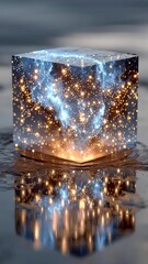 Poster - A luminous, icy cube hovers above a dark wet surface, sparkling with golden and silver particles in a surreal environment