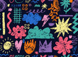 © Anatoliy - Seamless pattern colorful childish crayon drawn doodle. Kids pencil drawings, squiggles in childish girly style, flower, crown, stars. Freehand cute kid scribbles. Vector Seamless pattern chalk icons.