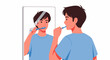 © Rizky - Man brushing teeth in front of a mirror showcasing personal care and oral hygiene practices for a healthy lifestyle and well-being