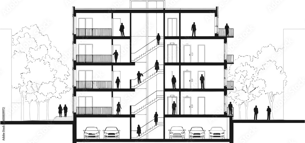Architectural cross section drawing of a modern multi story residential ...