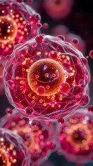 Poster - Highly detailed microscopic view of spherical virus cells with glowing cores and spiky outer membranes suspended in a dark space