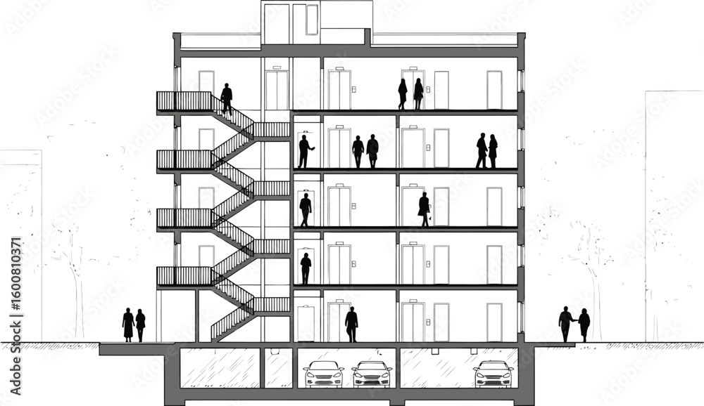 Architectural cross section of a multi story building showcasing ...