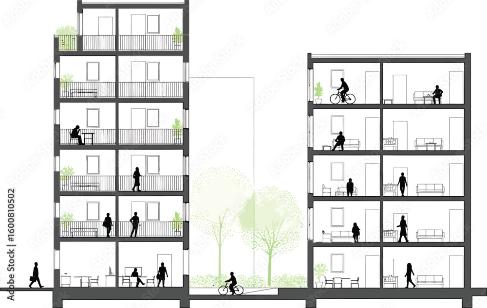 Architectural cross section of modern multi story residential buildings ...