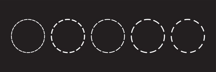 Poster - Set of circle shapes with dashed lines. Dotted geometric round figures isolated on white background. Cut here pictograms for coupons or tags. Vector outline illustration.