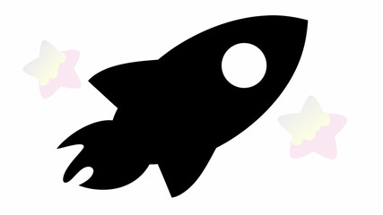 Poster - Black silhouette of a rocket ship launching with flame and two stars on a white background image design