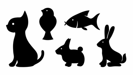 Poster - Silhouette illustration featuring a cat bird fish and two rabbits in a simple black and white design style