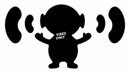 Poster - Black silhouette of cartoon figure with vibes only text and sound waves on a white background image art