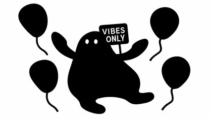 Poster - Silhouette of a blob like figure holding a vibes only sign surrounded by black balloons on white background