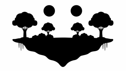 Poster - Silhouette landscape with floating island trees and two dark circles in a monochrome black and white design