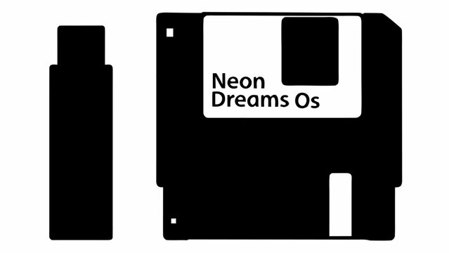 Illustration of a black floppy disk with a white label next to a black usb drive on a white background