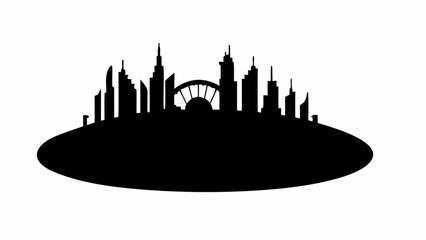Poster - Silhouette of a cityscape with various buildings and a bridge on an oval shaped base against a white background