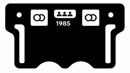 Poster - Black silhouette of an object with rings, people icon and the year nineteen eighty five displayed