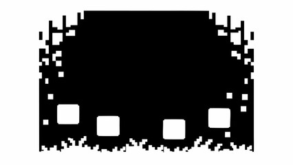 Poster - Black and white pixelated design with a large filled area and scattered squares and jagged edges at the top