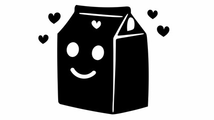 Poster - Cartoon milk carton with a smiling face and floating hearts in a black and white vector illustration