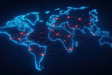 Fototapete - Global Network: An ethereal, illuminated map of the world, showcasing interconnected hubs and communication pathways in a digital age.