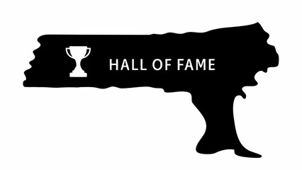 Poster - Black silhouette with a trophy icon and the words hall of fame displayed in white text on the shape design