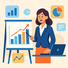 Poster - A businesswoman is presenting business data and statistics with a flip chart and laptop, illustrating growth and analysis of information, with charts and graphs for financial
