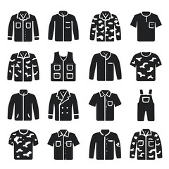 Poster - A collection of apparel icons featuring a variety of shirts, jackets, and overalls, showcasing diverse styles and designs.