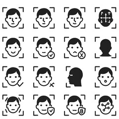 Poster - A collection of face recognition icons representing various states, security, and biometric authentication techniques for digital identity verification.