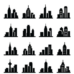 Poster - A collection of vector silhouettes featuring modern cityscapes, showcasing architectural designs and urban skylines in black and white for design elements and concepts.