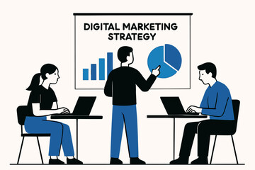 Poster - A digital marketing strategy meeting depicted in an illustration, featuring a presentation on a whiteboard, with bar graphs and pie charts, focusing on teamwork and analysis.