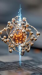 Poster - A glowing atom-like structure with golden orbitals and a luminous core symbolizes quantum energy and futuristic scientific advancement