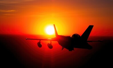 Fototapete - A silhouette of a fighter jet against a vibrant orange sunset capturing the beauty and power of military aircraft Vibrant Rim Light technology vibrant background colorful modern