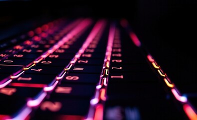 Fototapete - Close-up of a backlit keyboard with glowing neon lights symbolizing modern technology and connectivity Vibrant Rim Light technology vibrant background colorful modern