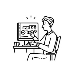 Fototapete - A person sitting at a desk working on a computer with a cup of coffee on the desk next to the monitor