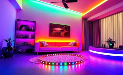 Fototapete - A vibrant rgb led strip lights with dynamic and colorful illumination for every space suitable for home decor office lighting events creative projects and diy decorations Vibrant Rim Light technology 