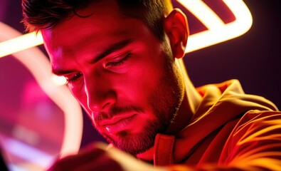 Fototapete - Close-up of a male figure intensely focused on screen activities surrounded by vibrant neon lighting Vibrant Rim Light technology vibrant background colorful modern