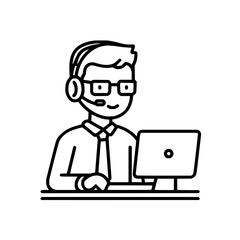 Fototapete - Line art of a man with glasses and headset working on a computer at a desk with a tie and shirt