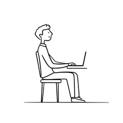 Fototapete - A person sitting on a chair at a desk working on a laptop with a simple black and white line drawing style